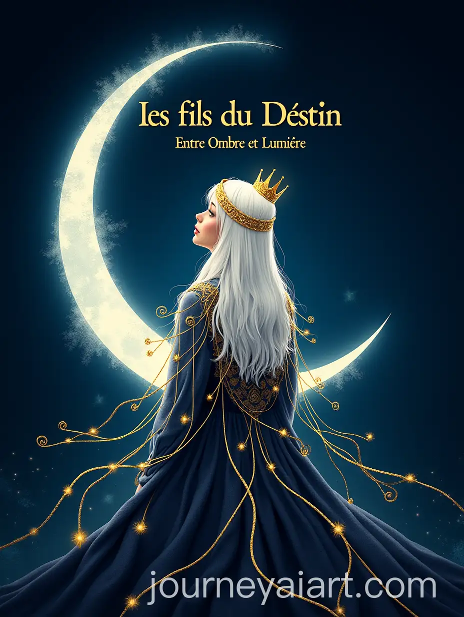 Fantasy-Book-Cover-Art-Enigmatic-Queen-with-Golden-Threads-and-Crescent-Moon