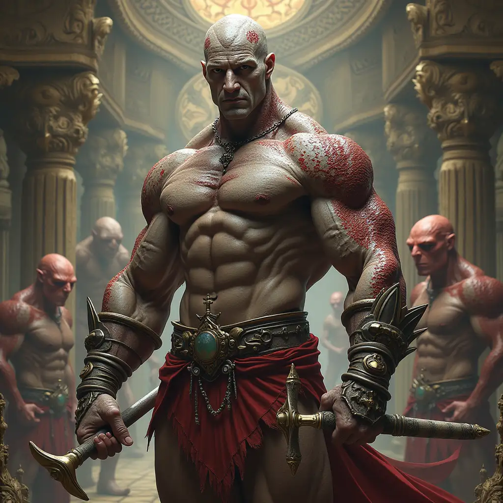 Ultradetailed hyperrealistic portrait bodybuilder with snakeskin, red-gray spotted skin color with a sword and a hammer in a palace with various strange beings with intricately detailed, colorful