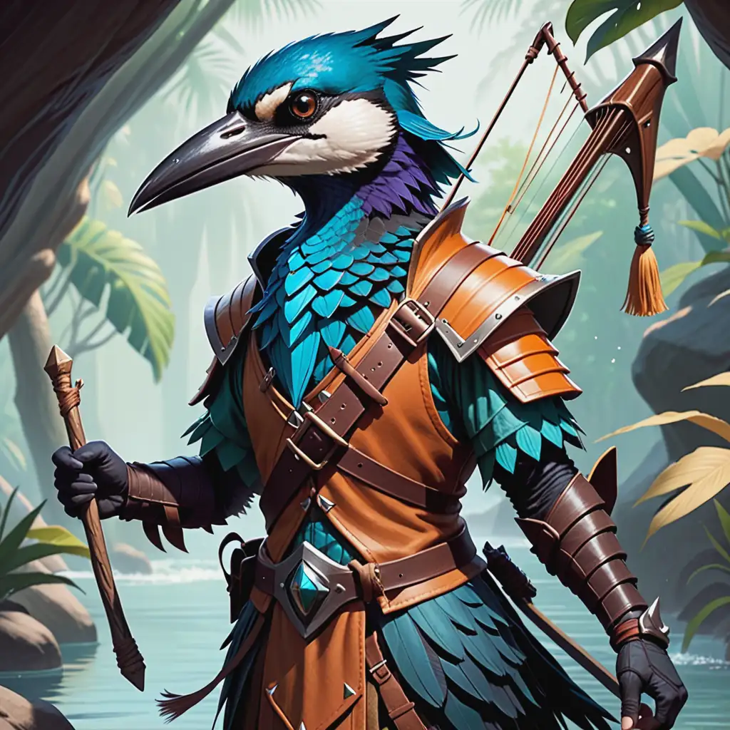 Dungeons & Dragons Character, Kenku Race, looks like a kingfisher, wears leather armor, holds a stringed instrument, short beak, bow and quiver on the back