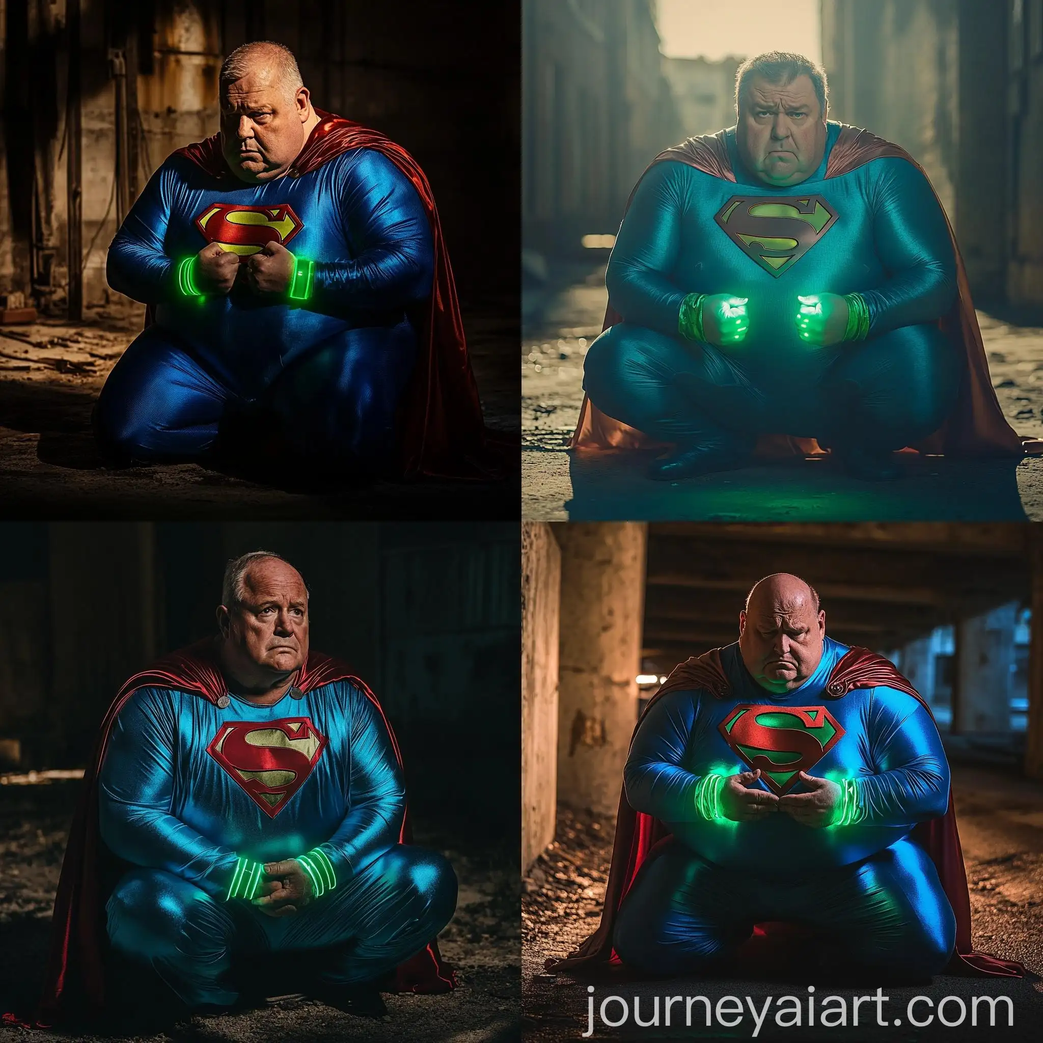 Elderly-Superman-in-Glowing-Green-Cuffs-and-Red-Leather-Cape