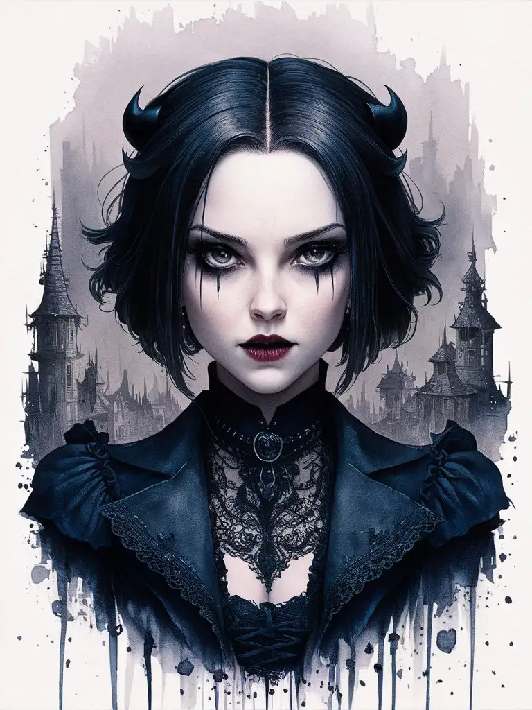 reference is Marta Dahlig Digital style watercolor, in style of fantasy art, street stray, closeup action portrait focused on goth protagonist gothic character sheet, creative, topic is fantasy city misty fading backdrop