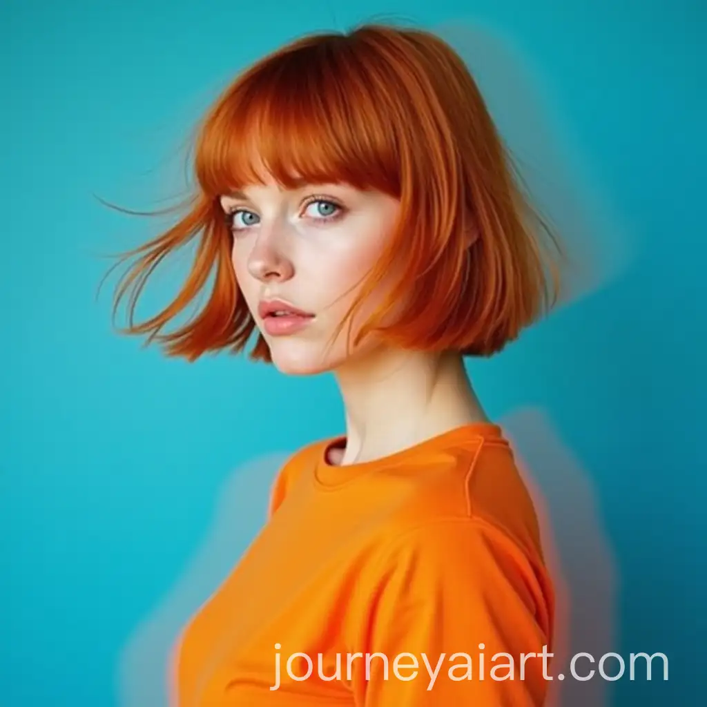 Young-White-WomanAI-Art-Prompt-Expansion-with-Ginger-Hair-and-Vibrant-Bob-Haircut-in-Orange-TShirt-on-Blue-Background