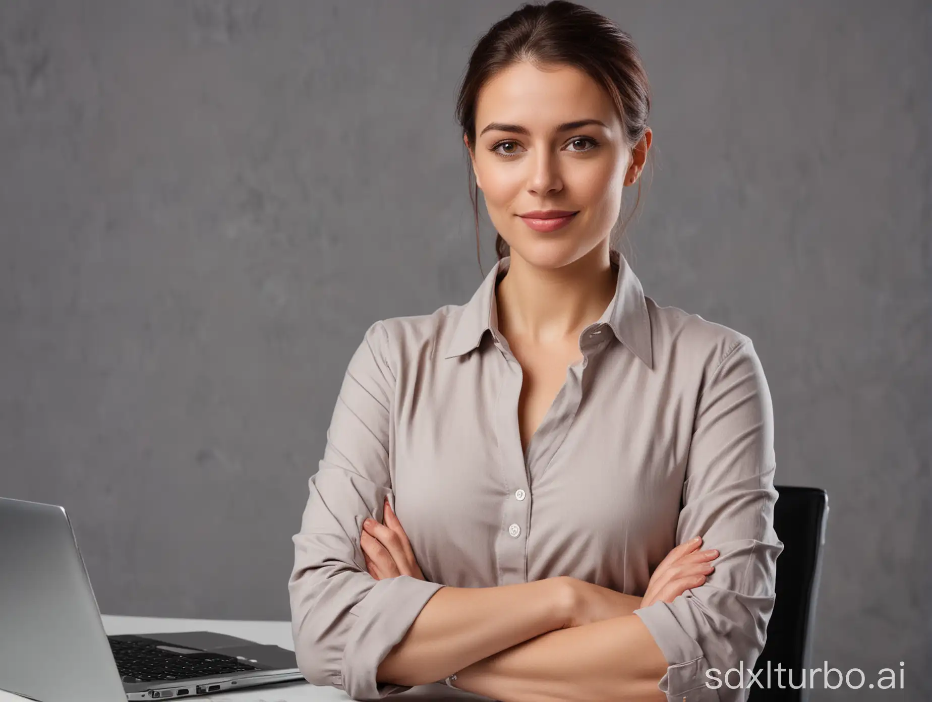 Show a professional woman in various business poses. Include her confidently standing with arms crossed, giving a presentation, talking on the phone, working on a laptop, brainstorming with a notebook, and celebrating a success.