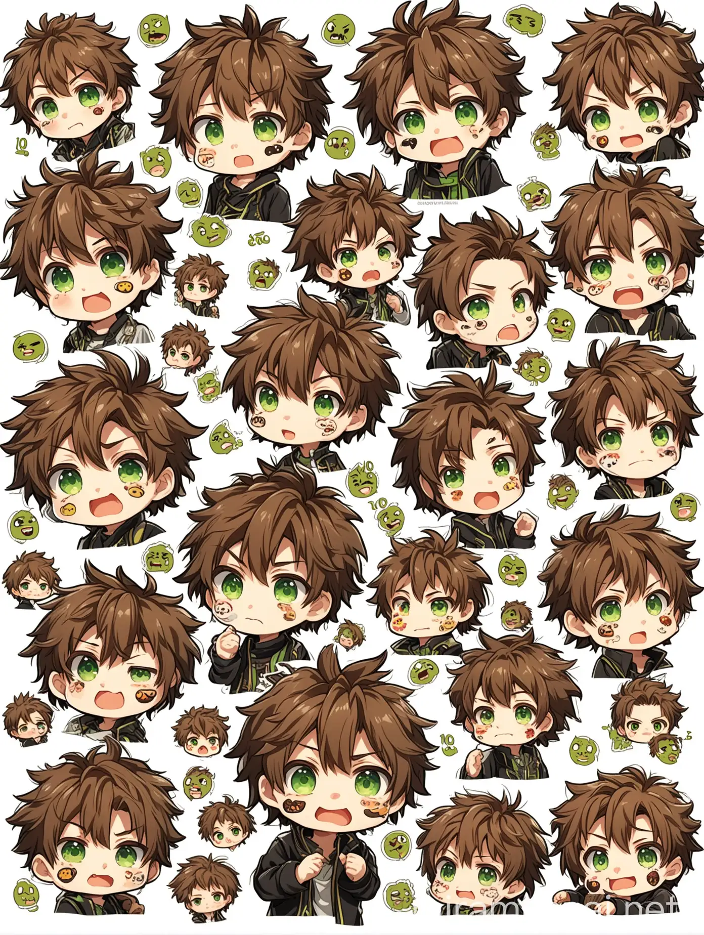 Anime Chibi Style Sticker Sheet 10 Cute Facial Expressions for a BrownHaired Boy