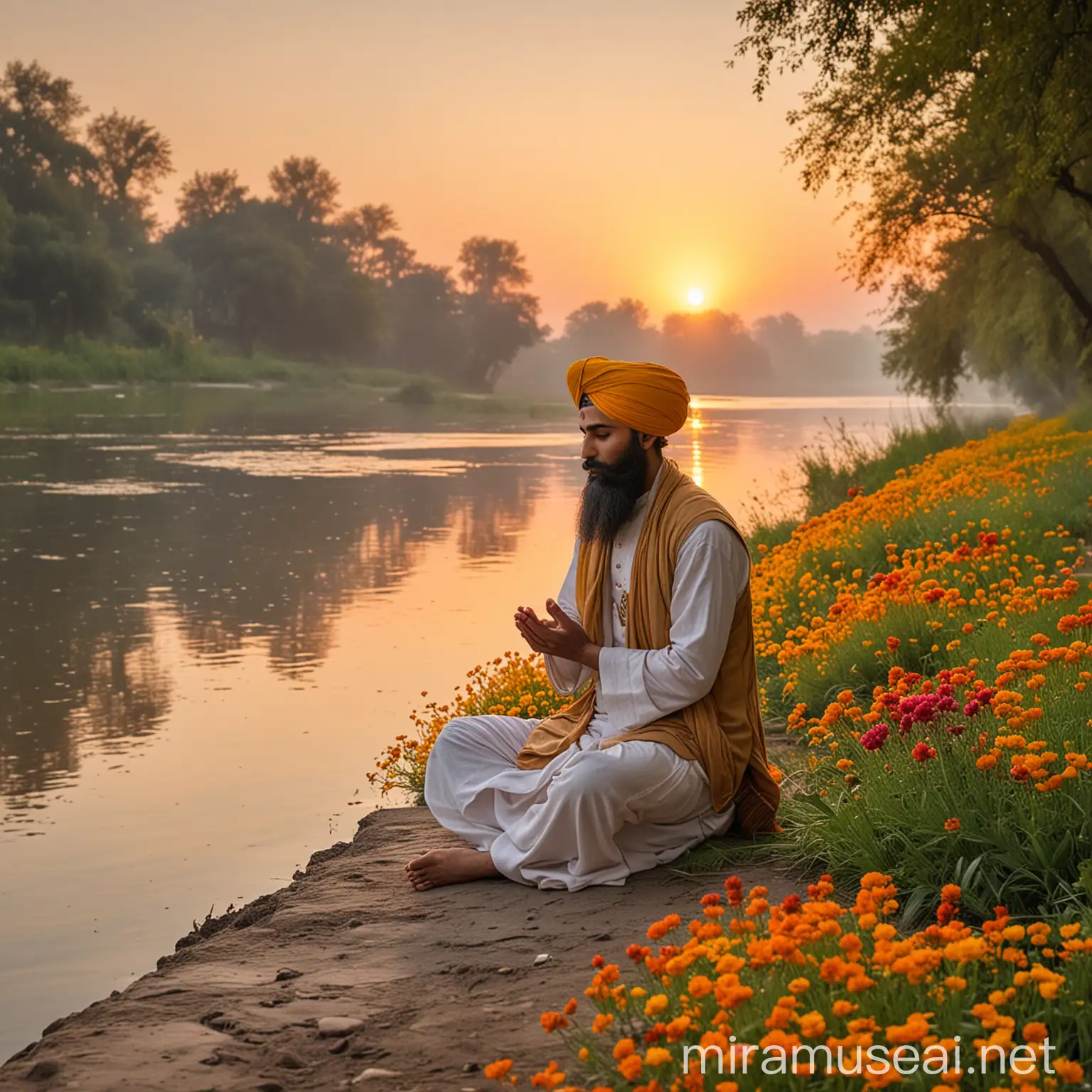 Sikh Sardar Praying at Sunrise by the Riverside with Vibrant Flowers