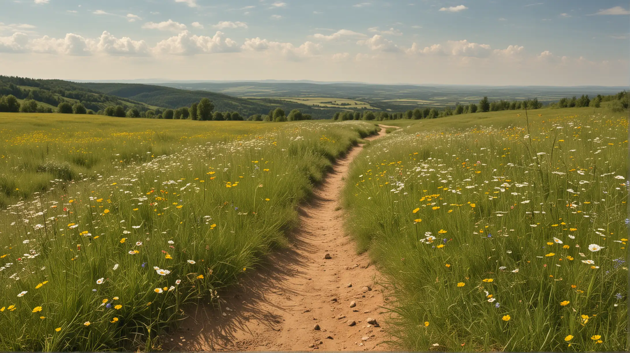 Sunny Summer Day on Blooming Meadow with Dirt Road