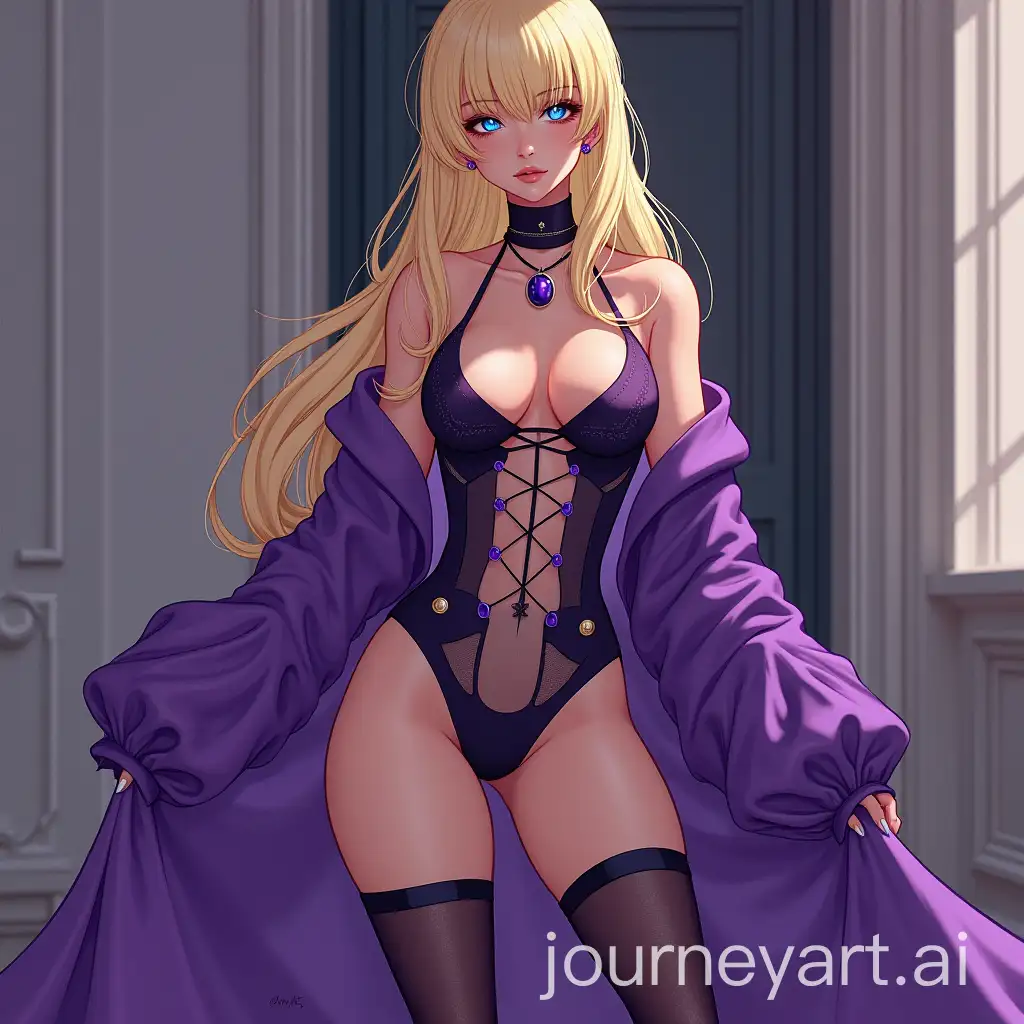 Blonde-Woman-in-PurpleBlack-Transparent-ThighHighs-at-a-Symbol-Workshop