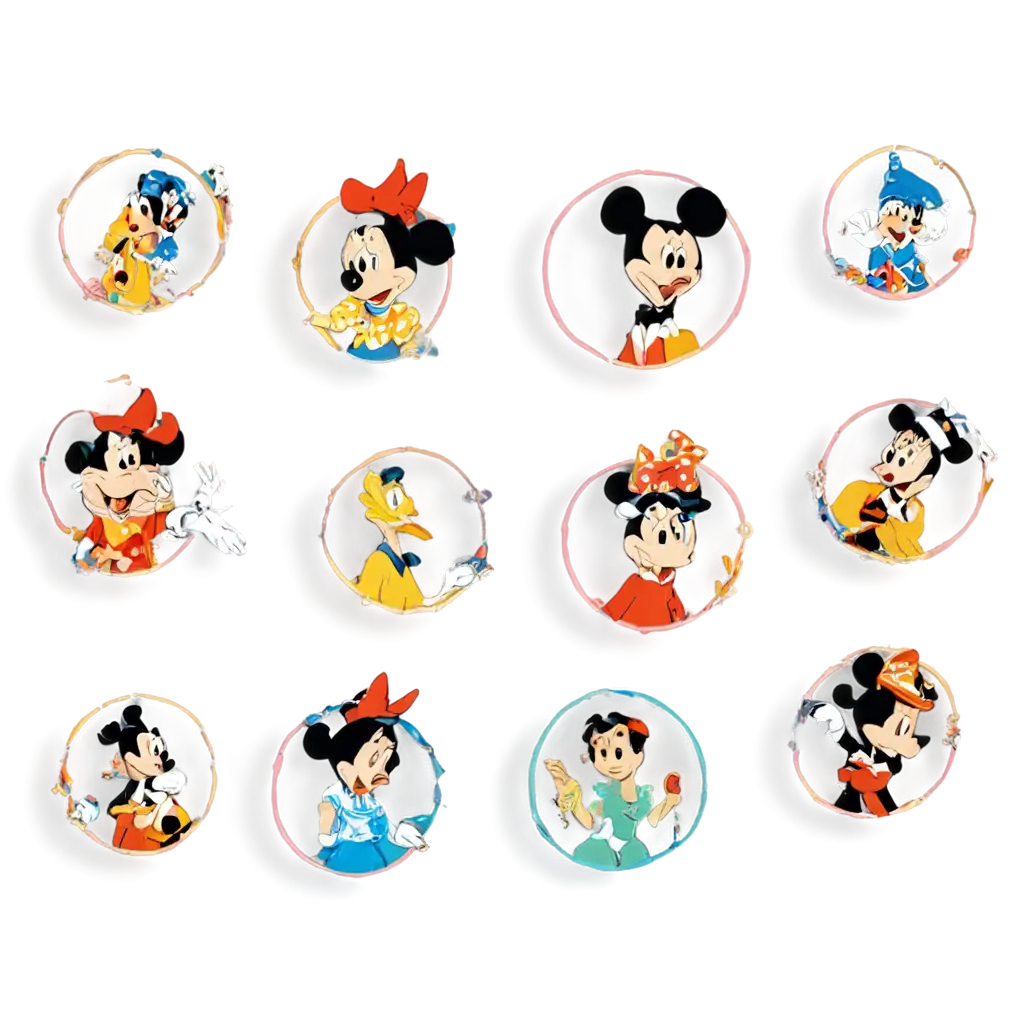 Create a high-quality design featuring 9 beloved Walt Disney cartoon characters, each represented inside equally sized circles. The characters should be popular among children, with the design arranged in a harmonious and balanced layout. Ensure that the characters are colorful, engaging, and distributed evenly throughout the composition, with a playful yet clean style that appeals to a young audience.