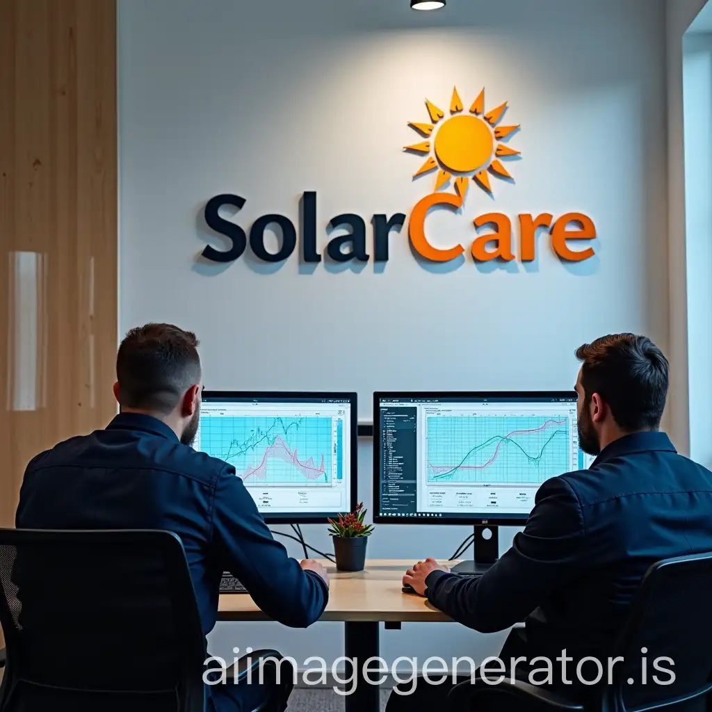 We would like an image for our business presentation. We want to depict a team of technicians supervising photovoltaic installations. They are one or two, facing away, looking at curves on their computer screens. On the wall behind them is the SolarCare logo that needs to be recovered from the site www.solarcare.fr