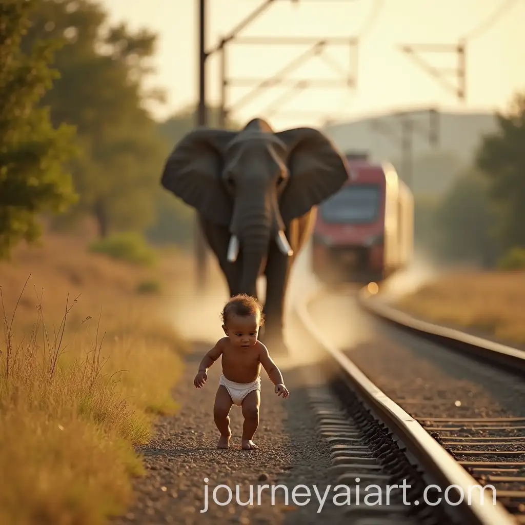 Baby-Crawling-Near-Railway-Track-with-Elephant-ProtectivelyAI-Image-Prompt-Expansion-Watching-Over-in-Cinematic-Setting