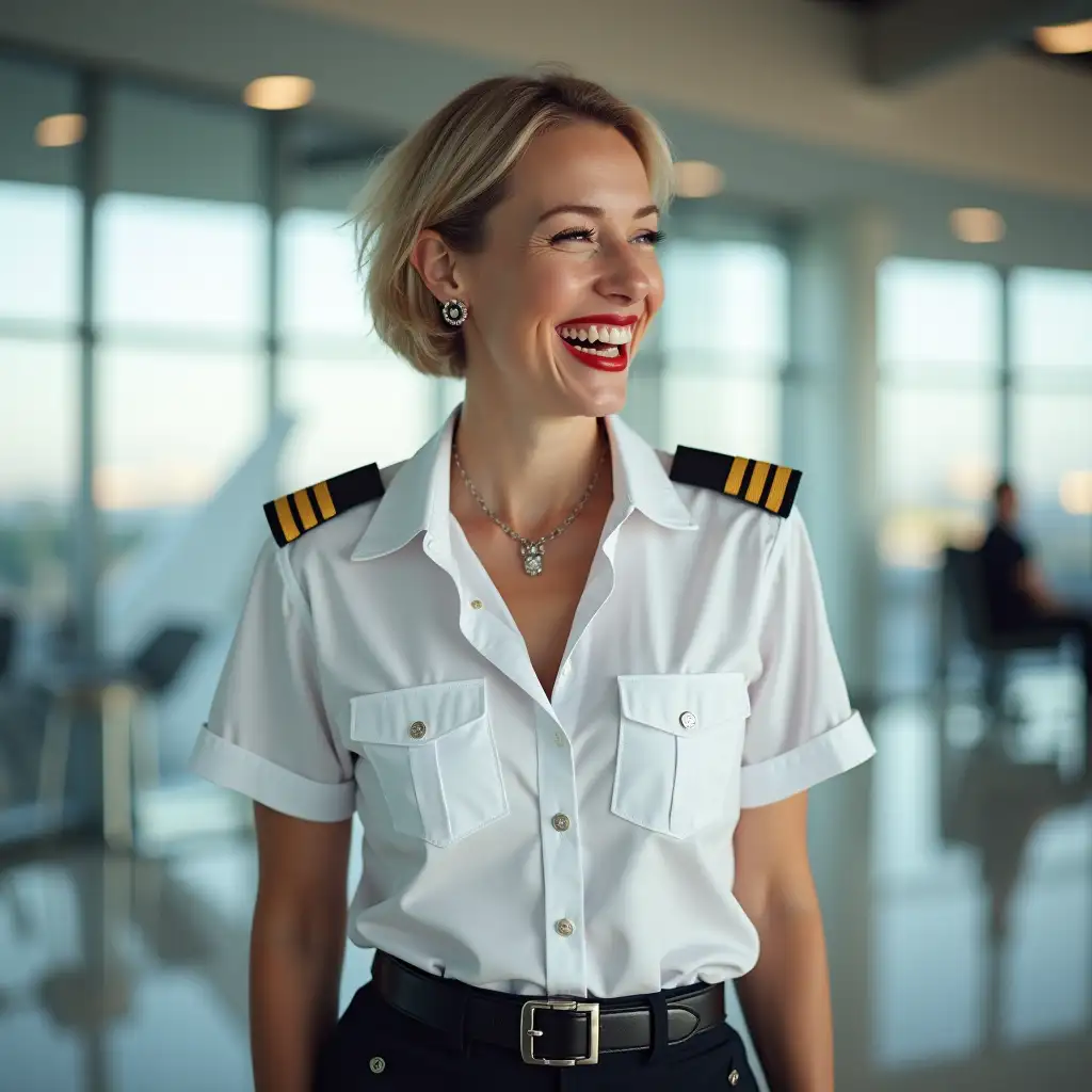 white lady 35 years old , in white pilot shirt, casually deep-necked pilot shirt, laughing with her mouth open, red lipstick accentuating her smile,belt on waist, big wide hips, chest are fully grown, jewerly, white shirt buttons visible on shirt, short hair, HD, airport, photo-realism