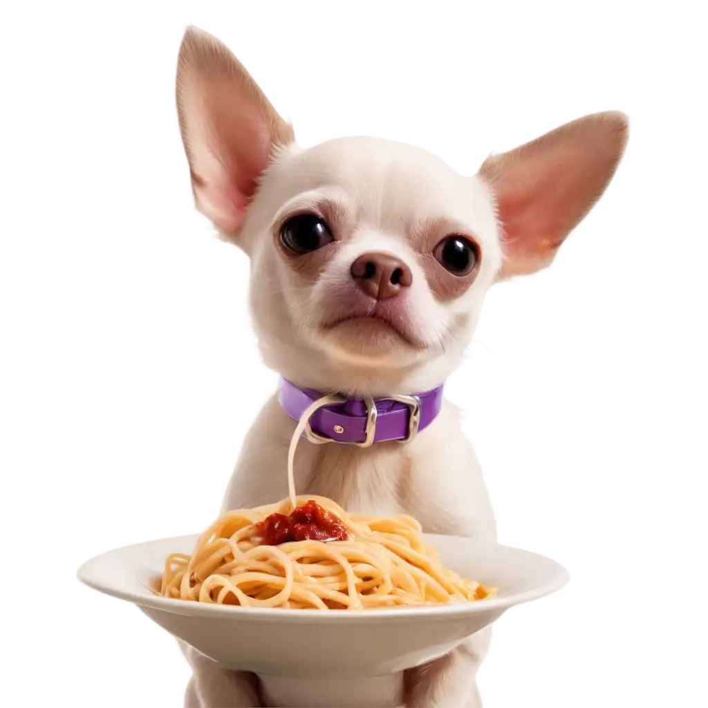 PNG-Image-of-a-White-and-Brown-Chihuahua-with-a-Purple-Sparkling-Collar-Eating-Spaghetti