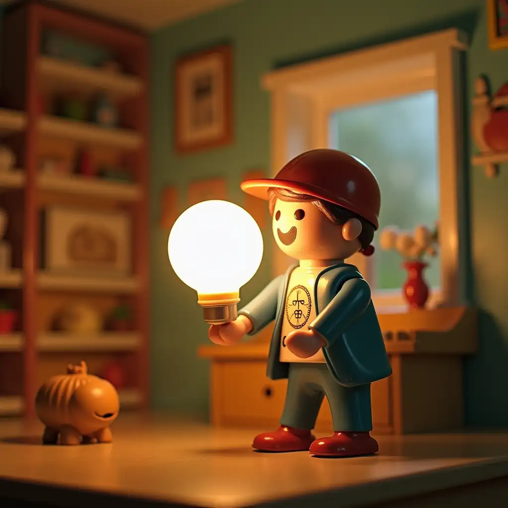 A Playmobil licking a light bulb