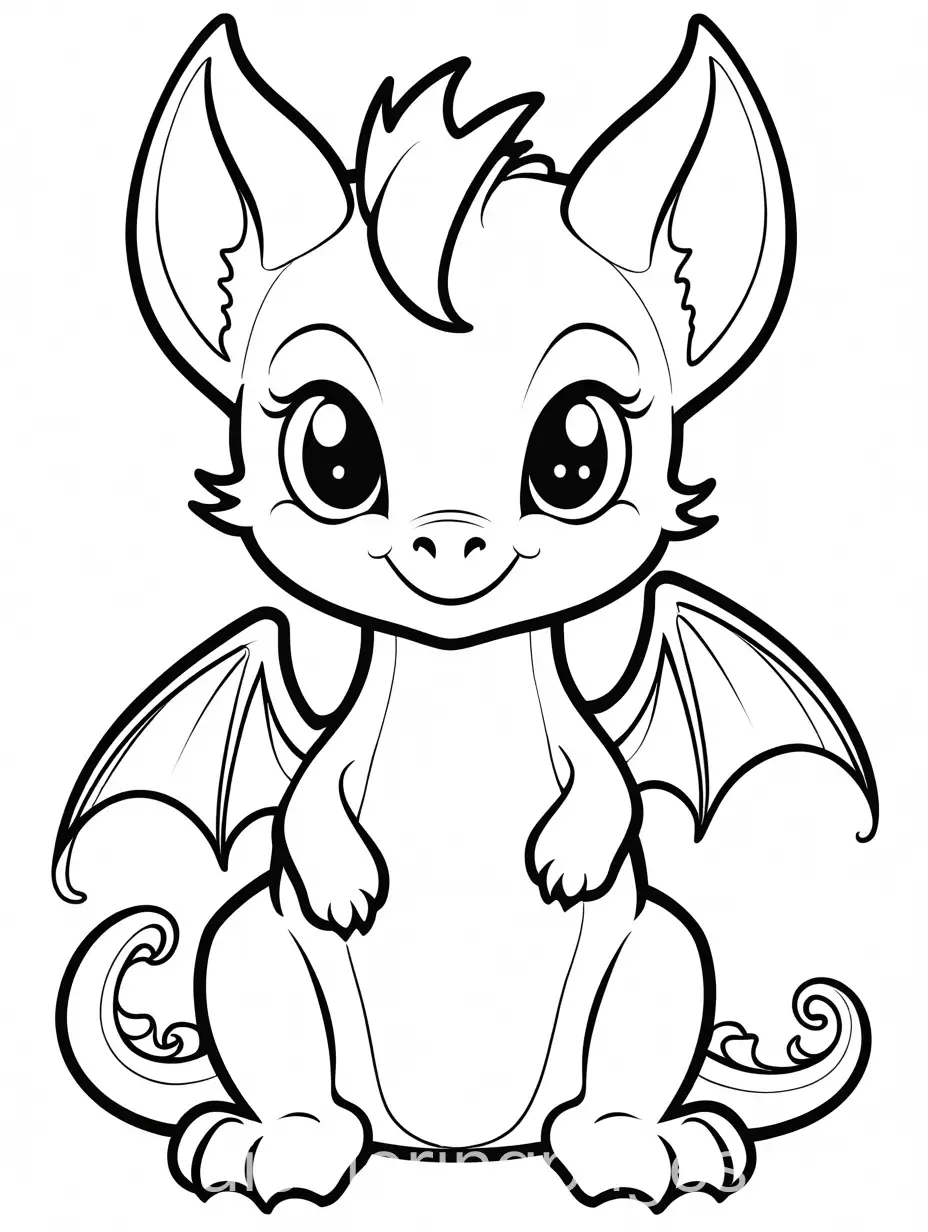 Cute baby dragon, Coloring Page, black and white, line art, white background, Simplicity, Ample White Space. The background of the coloring page is plain white to make it easy for young children to color within the lines. The outlines of all the subjects are easy to distinguish, making it simple for kids to color without too much difficulty