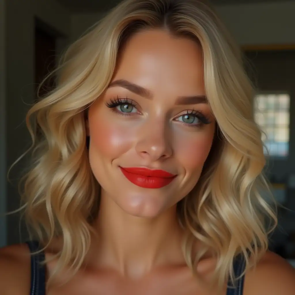 Blonde-Woman-Smiling-with-Red-Lipstick-in-Hyperrealistic-Style