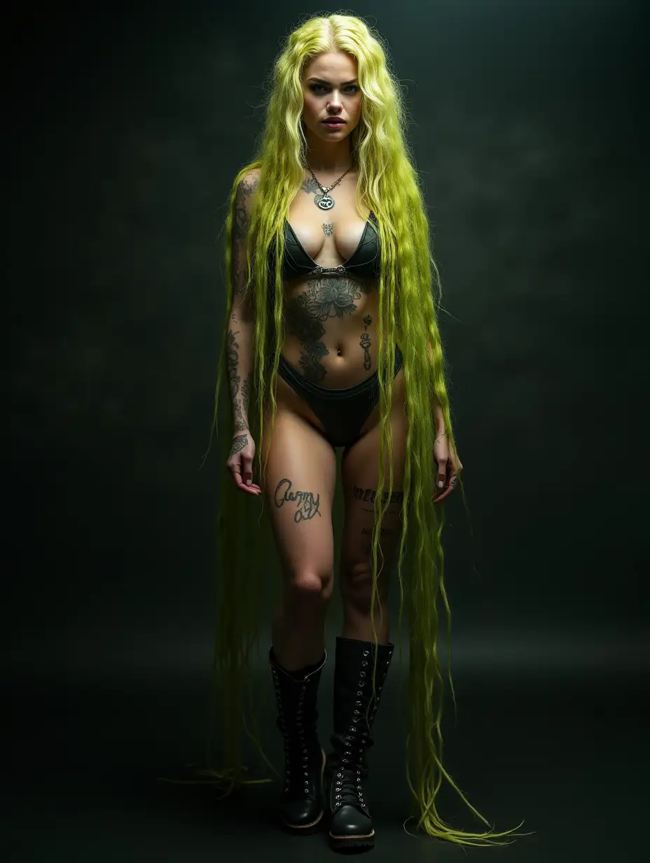 Depiction of a beautiful white woman with -tattoo, long mixed green-yellow braided hair in a futuristic style and laced boots, Blurry black background (120mm) shot poster