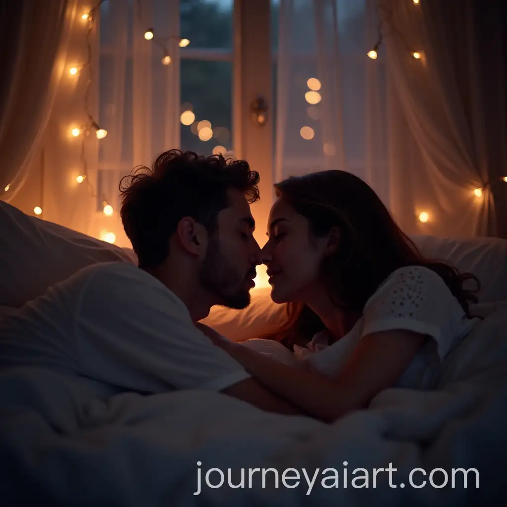 Couple-Sharing-a-Peaceful-Moment-in-a-Dimly-Lit-Bedroom-with-Fairy-Lights