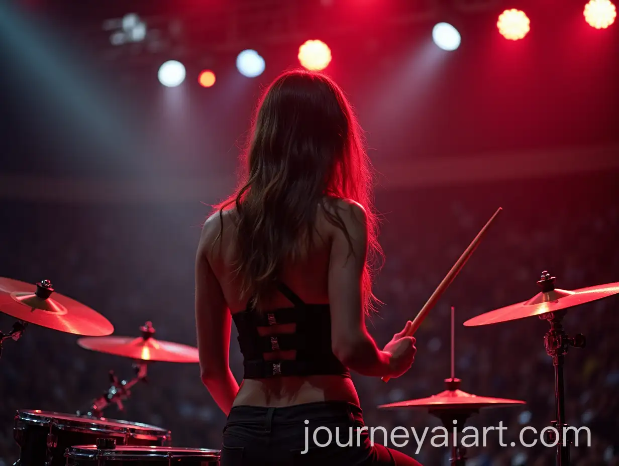 Young-Woman-in-Rocker-Outfit-Playing-Drum-Kit-on-Arena-Stage