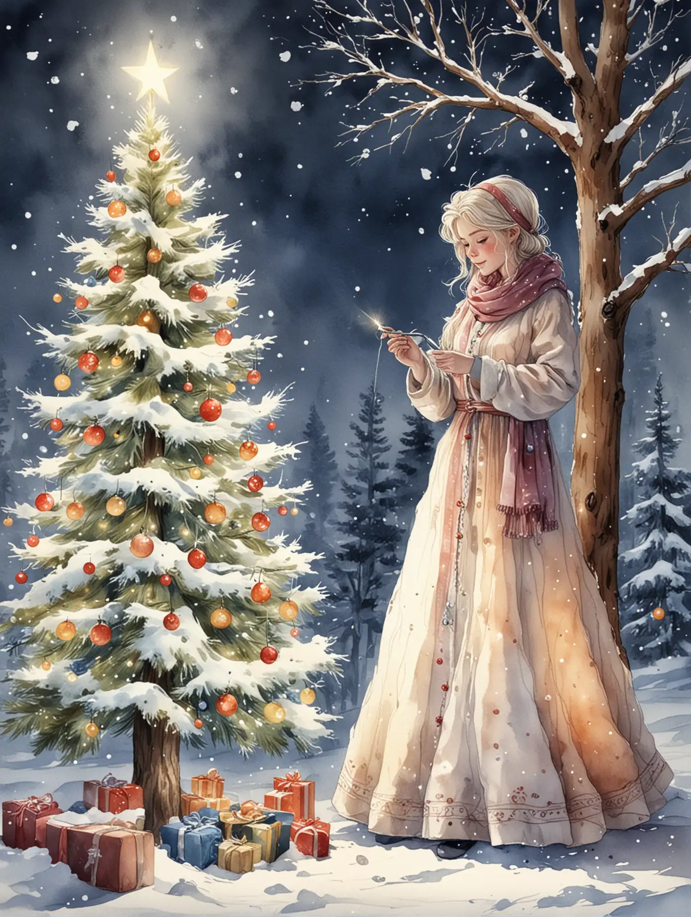 New-Years-Decorated-Tree-with-Lights-and-Snowgirl-in-a-Winter-Setting