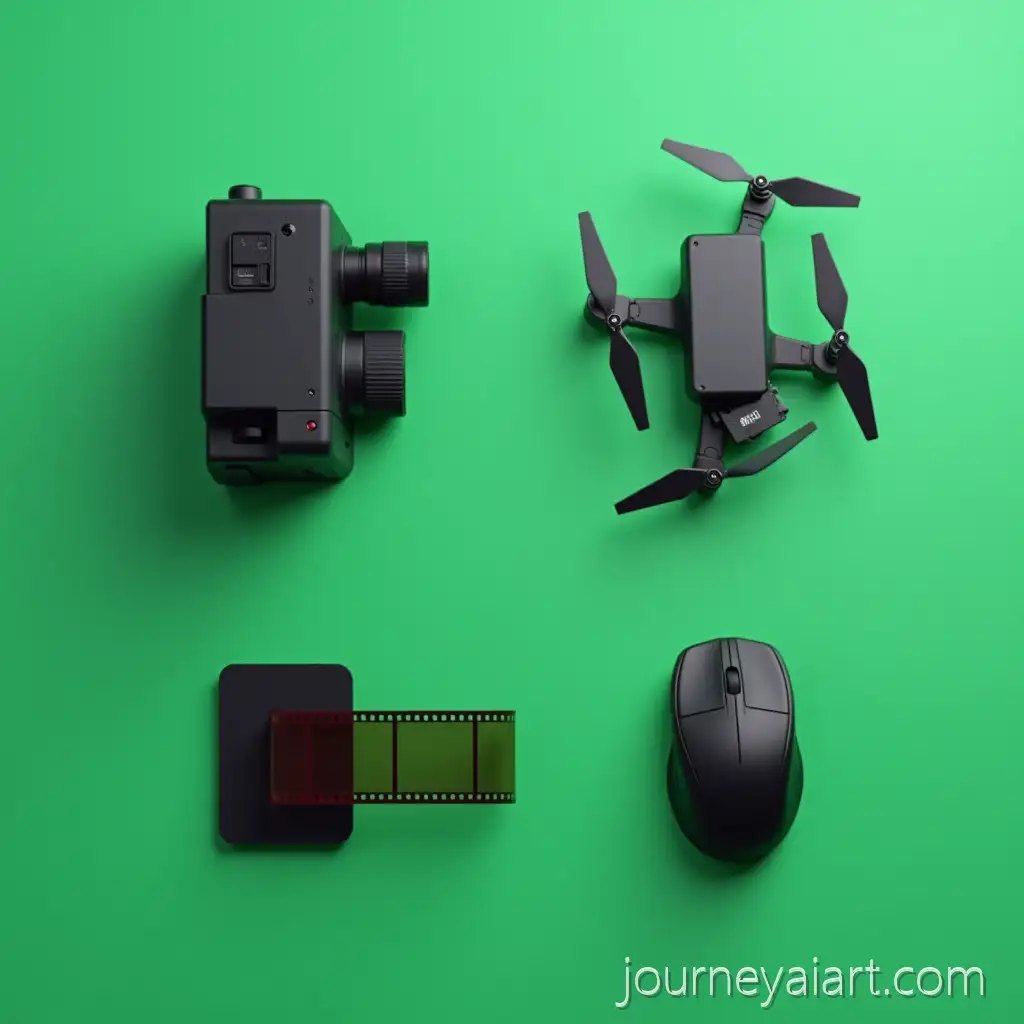 ProfessionalCinema-Camera-and-Drone-Cinema-Gear-and-Film-Strip-Flat-Lay-on-Chroma-Green-Background