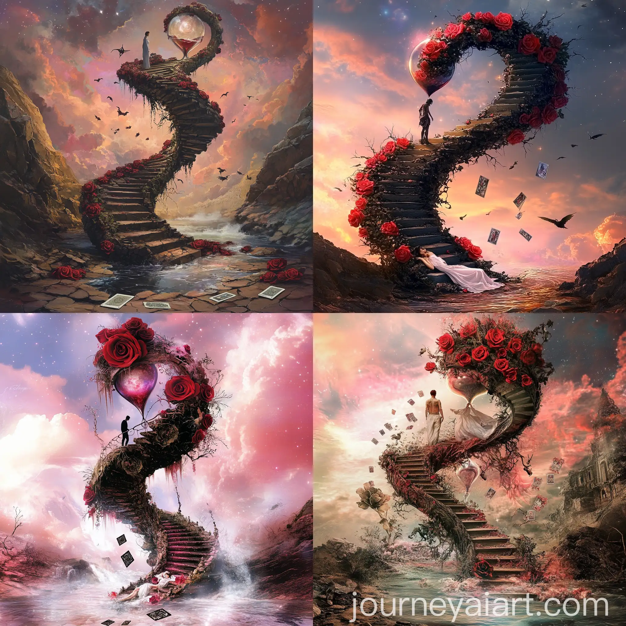 Woman-in-White-Dress-on-Heavenly-Staircase-with-Hourglass-and-Roses