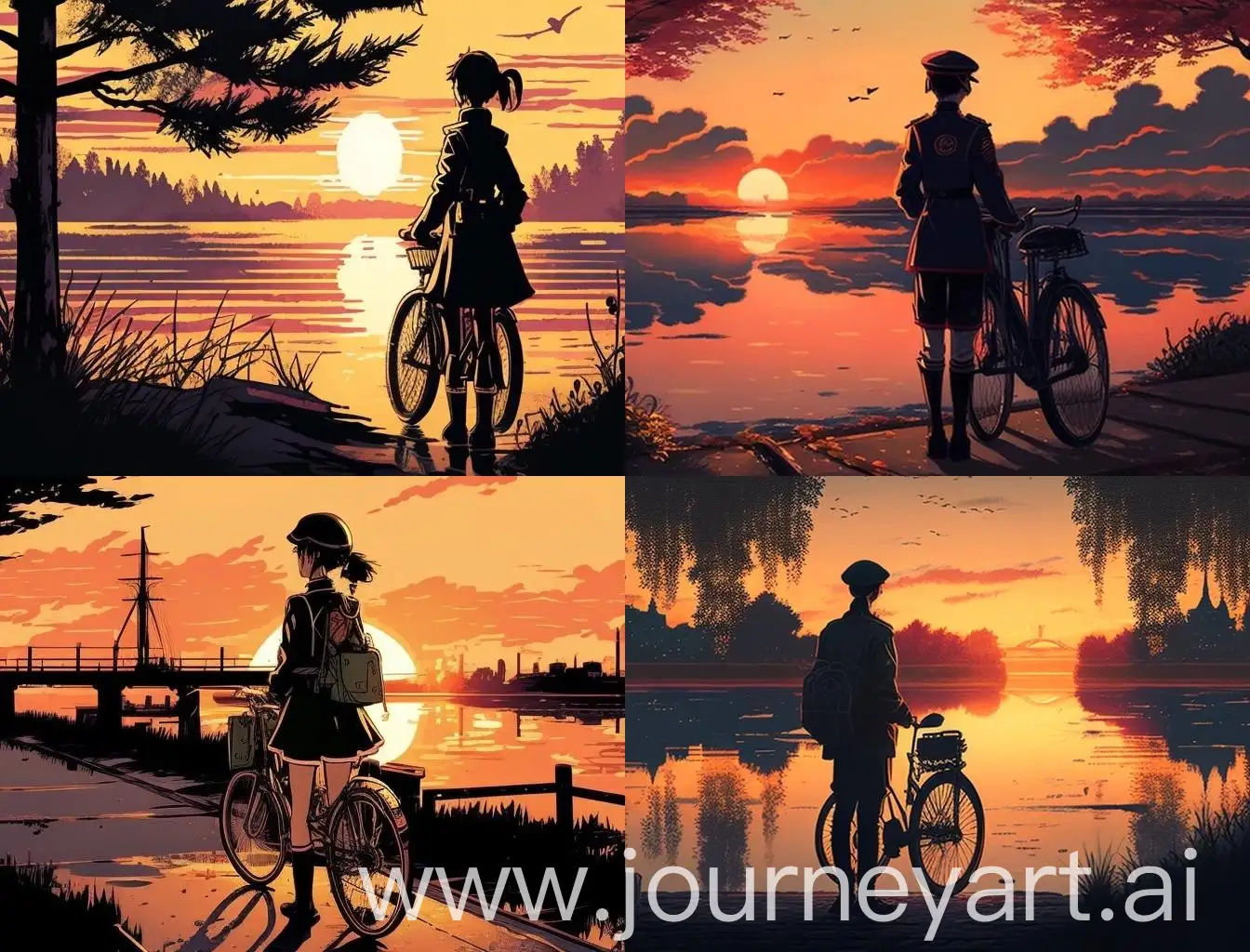 Japanese-Student-Walking-by-River-at-Sunset-with-Bicycle