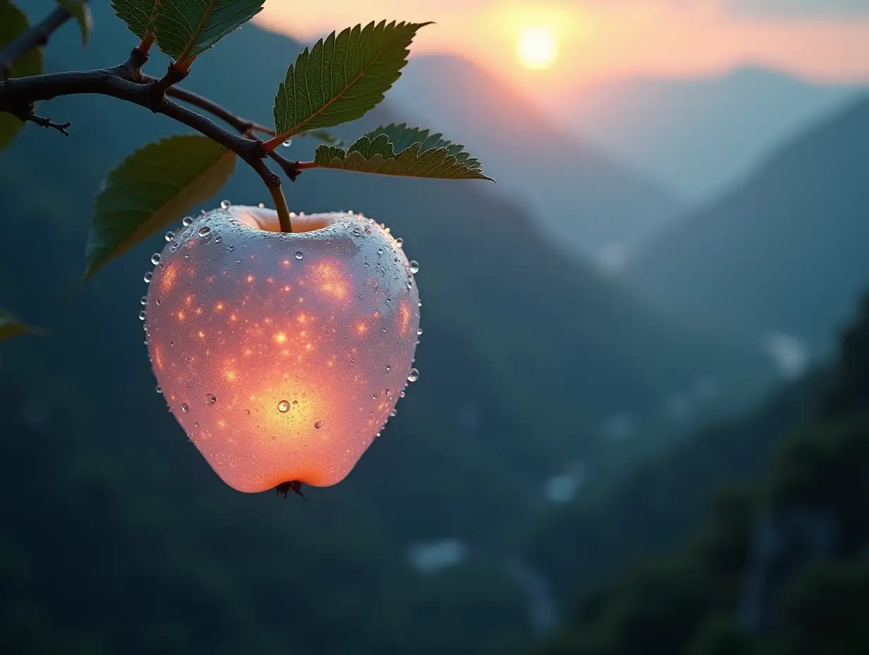 a delicate apple made of opal hung on branch in the early morning light, adorned with glistening dewdrops. in the background beautiful valleys, divine iridescent glowing, opalescent textures, volumetric light, ethereal, sparkling, light inside body, bioluminescence, studio photo, highly detailed, sharp focus, photorealism, photorealism, 8k, best quality, ultra detail:1.2, hyper detail, hdr, hyper detail, ((universe of stars inside the apple))