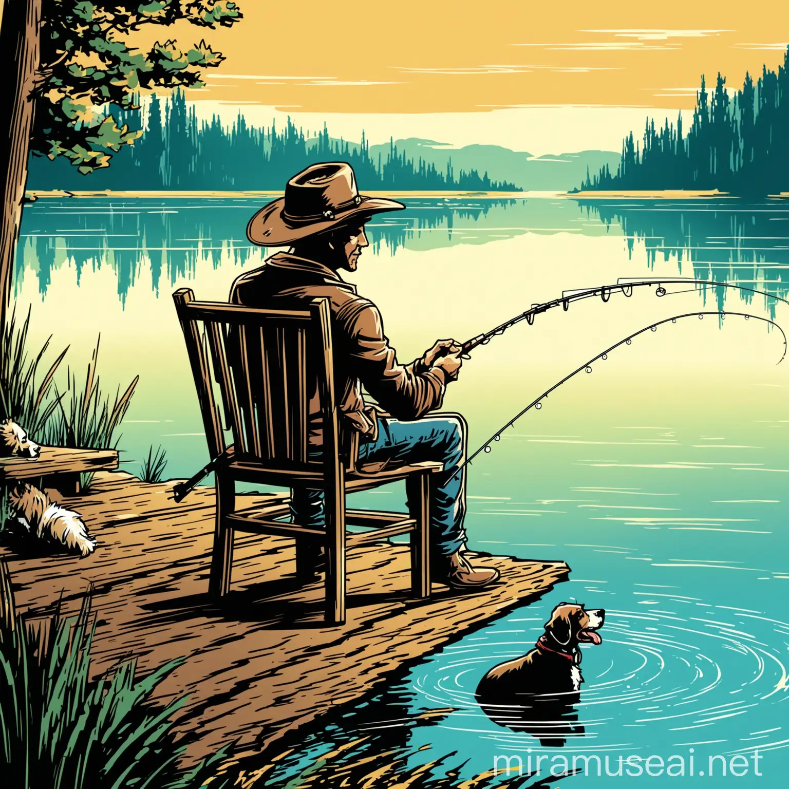 Man with Cowboy Hat Fishing by the Lake with Dog