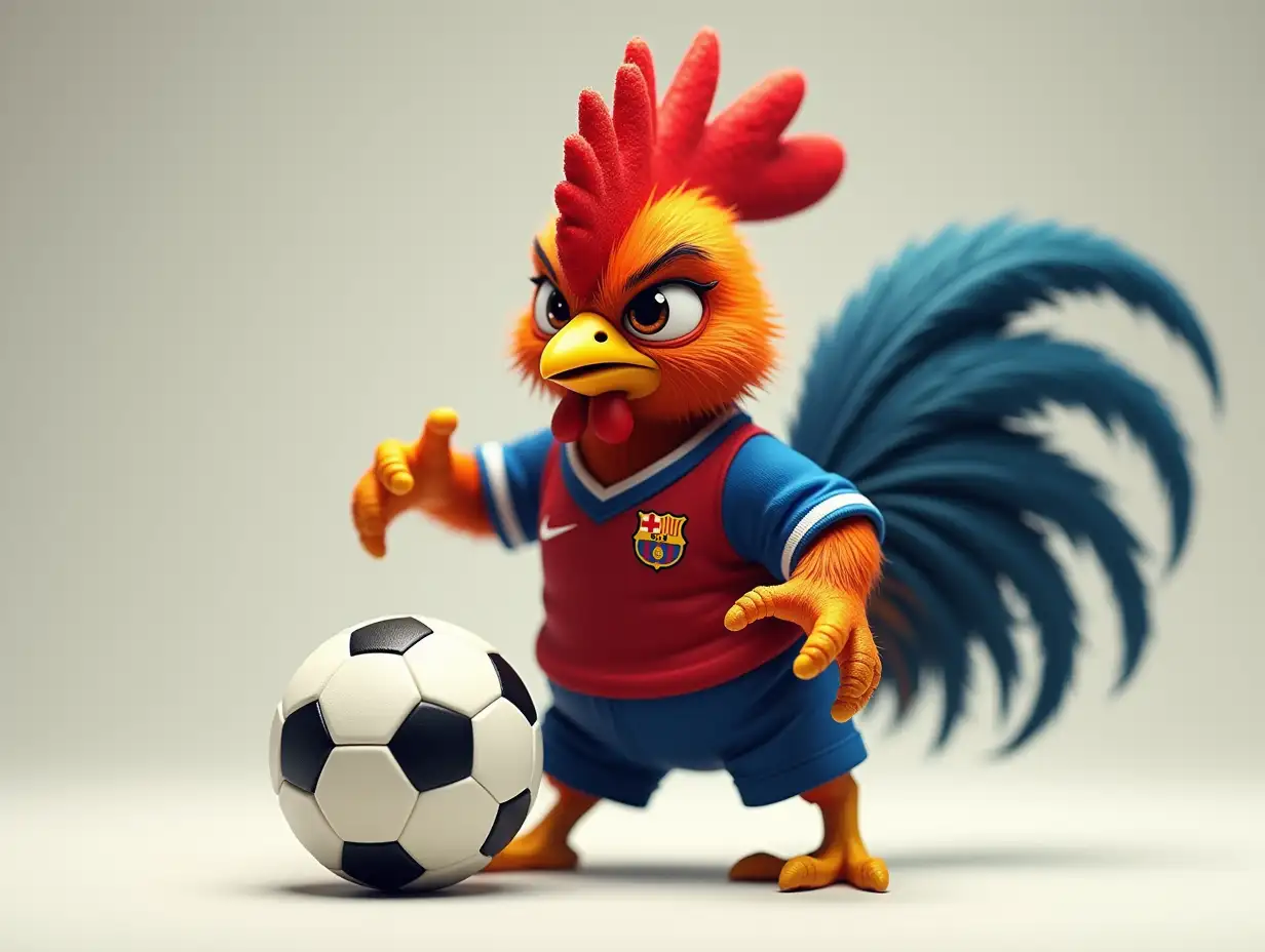 (realistic full body), ((anthropomorphic))good quality, angry eyes, full body, semi-realistic, baby rooster, soccer athlete, soccer ball, red, blue and black soccer team jersey, short wide beak, short bright red and blue feathers, ((((long thin tail)))), (blue feathers with black feathers on belly), (loose blue short long sleeved top)