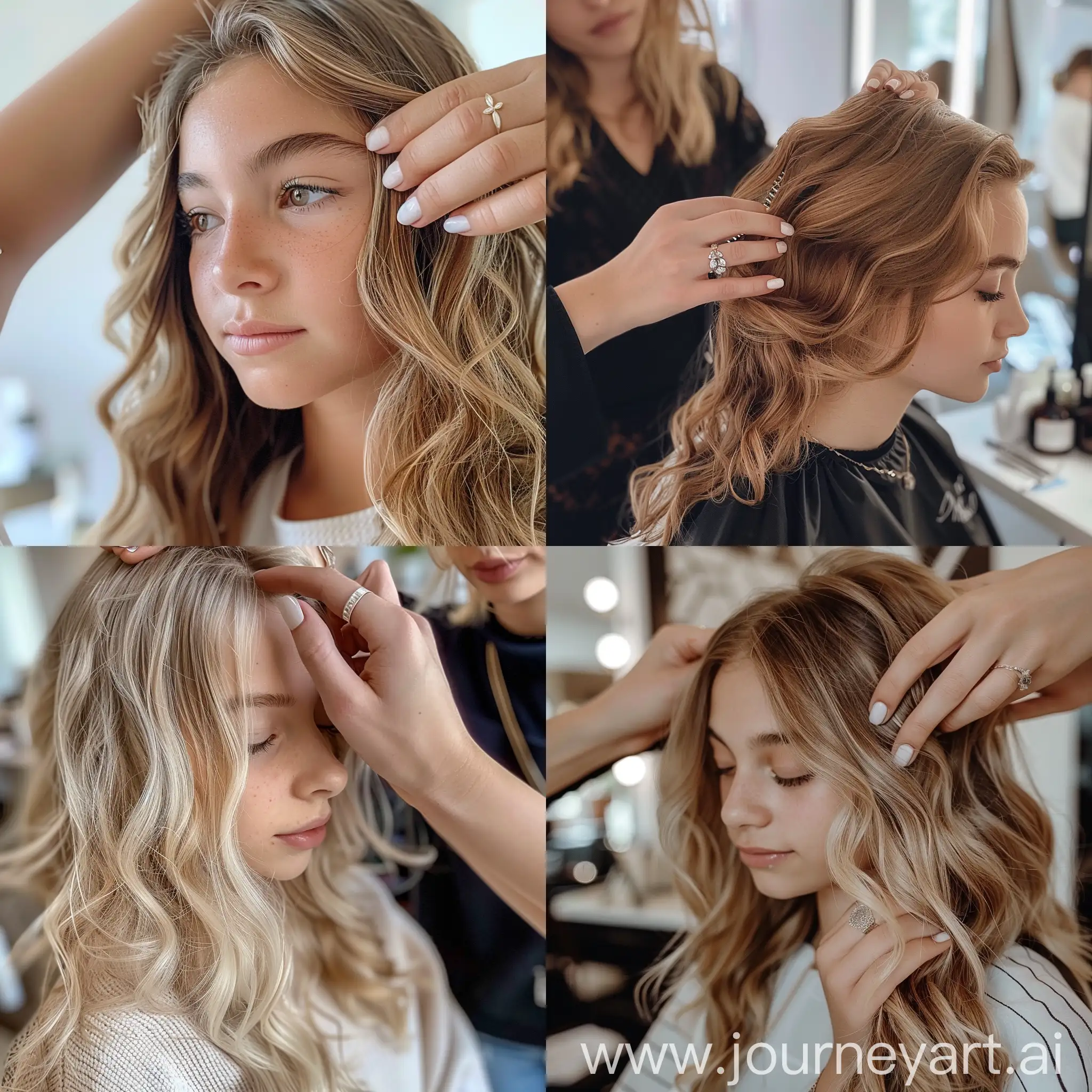 Teenage-Girl-Getting-Hair-Done-at-Salon-with-Stylist-Touching-Blonde-Wavy-Hair