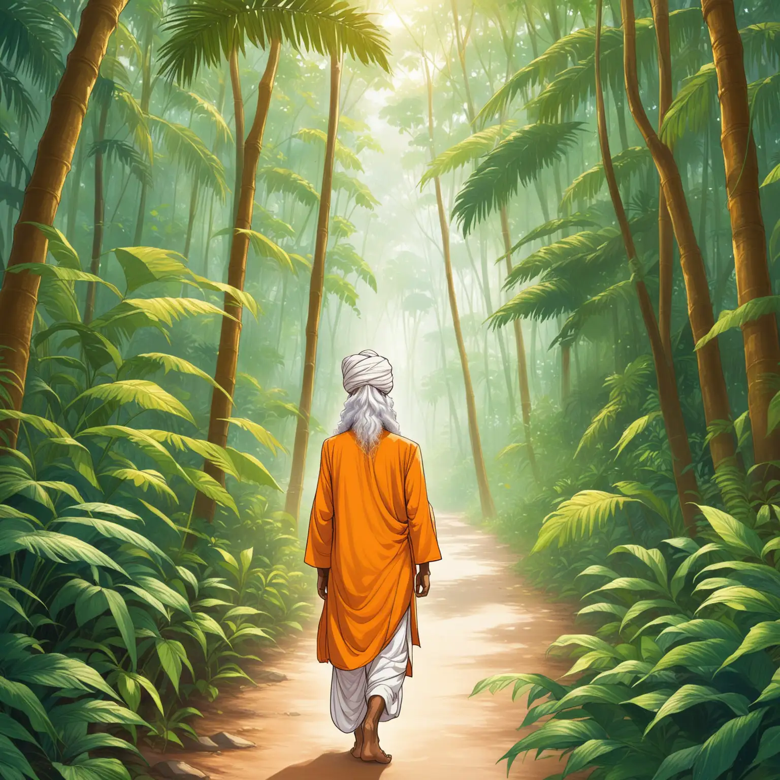 Yogi-in-Orange-Kurta-Walking-through-Jungle-Ashram-India