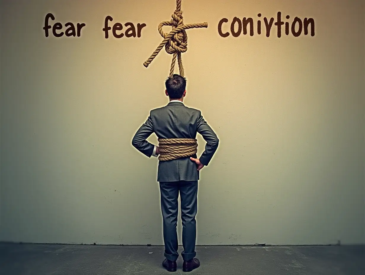 A person in a noose, but instead of a rope - a chain of words: 'fear', 'conviction', 'panic'.