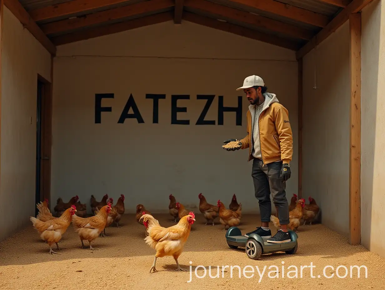 Cool-Guy-on-Hoverboard-Feeding-Chickens-in-a-Coop-with-FATEZH-Graffiti