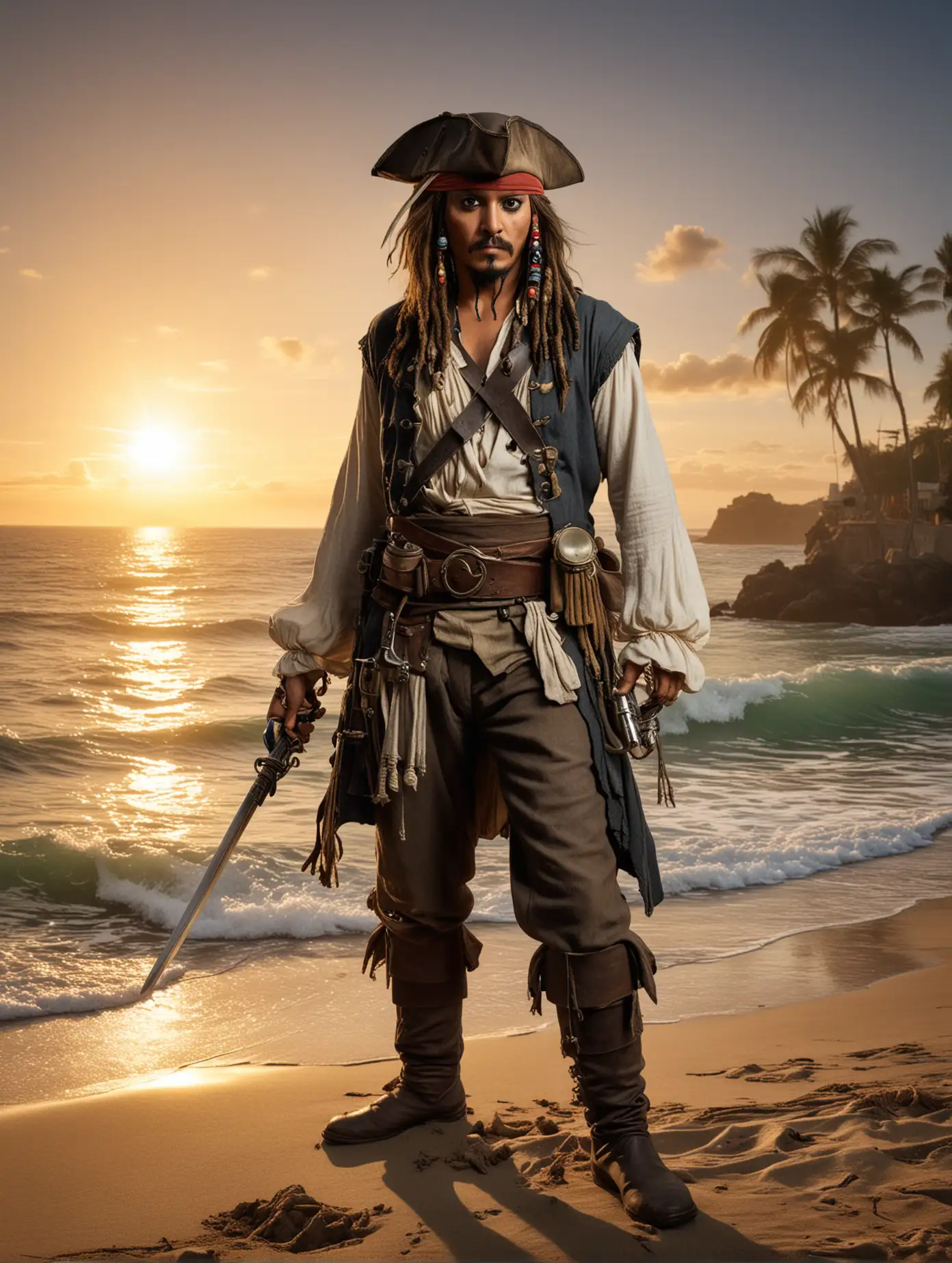 A photorealistic photo of Captain Jack Sparrow from Pirates of the Caribbean. Full length in a heroic pose with a sword in one hand and a musket in the other. With a beach landscape, sea, setting sun and a ship in the background.