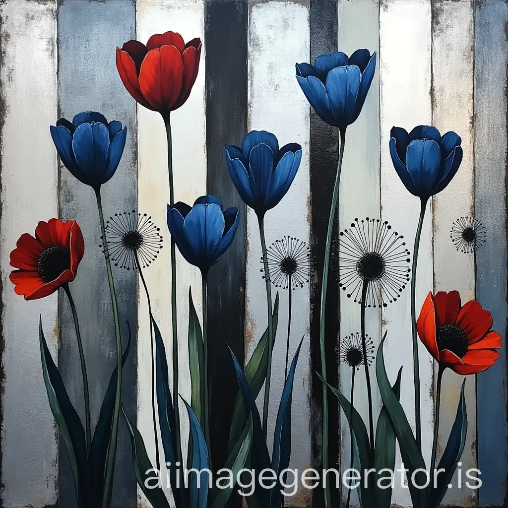 Cubist-Art-Featuring-Poppies-Dandelions-and-Blue-Tulips-with-Metallic-Stripes