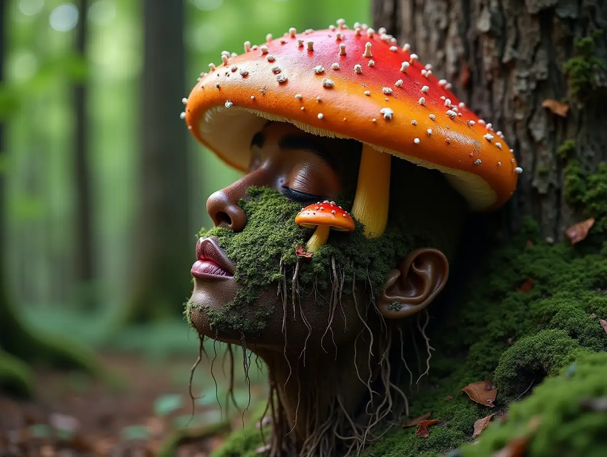 Face with colorful mushroom in mouth roots transformed into building in the forest
