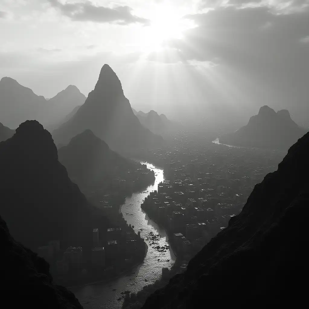 4k resolution photo in gray scale. Of dystopian cyber punk city in the prime years of it development. about 2000 feet off the ground. over looking a city with a lay out as if it were a organic ecosystem. There is a mountain near the city with a landscape view. geographical features are visible. The atmosphere is sunset with prisms shooting across screen. A roman empire feel with more light areas than dark.