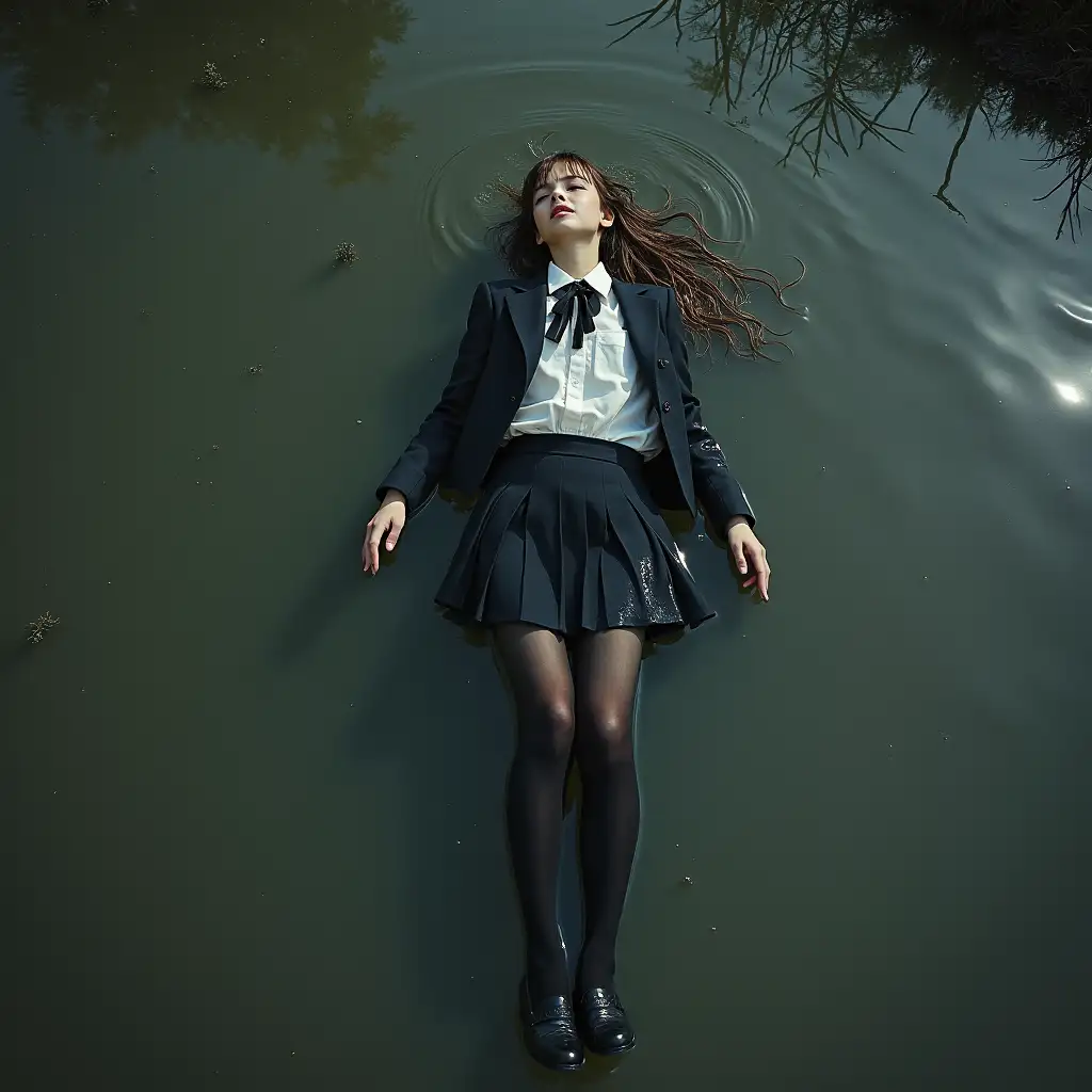 A young schoolgirl in a school uniform, in a skirt, jacket, blouse, dark tights, high-heeled shoes. She is swimming in a dirty pond, lying under water, all her clothes are completely wet, wet clothes stick to her body, the whole body is under water, submerged in water, under the surface of the water, below the water's edge.