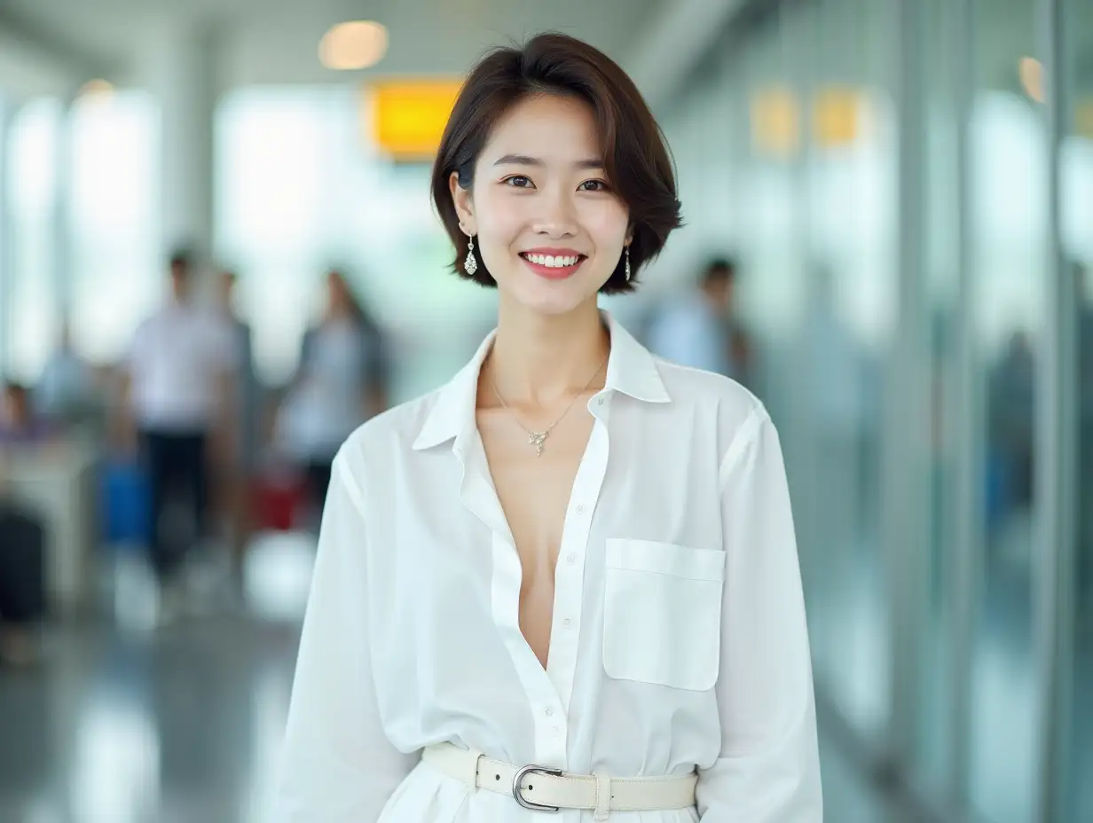 Korean 20-year-old woman in white, wearing a white deep-necked pilot-button shirt, low-cut outfit, smiling, with a belt around her waist, wide hips, full chest, wearing jewelry, short hair, high-definition quality, at the airport, in a realistic photo style.