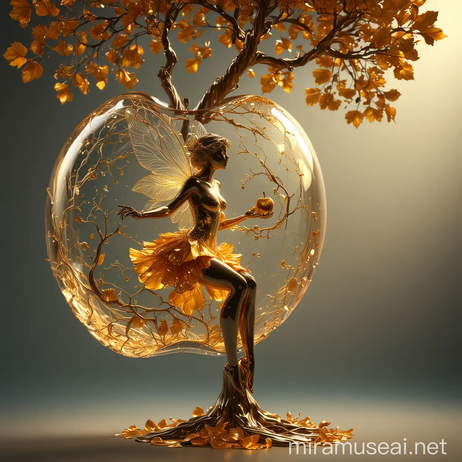 Glowing Golden Fairy Transforming Tree to Gold in Glass Apple