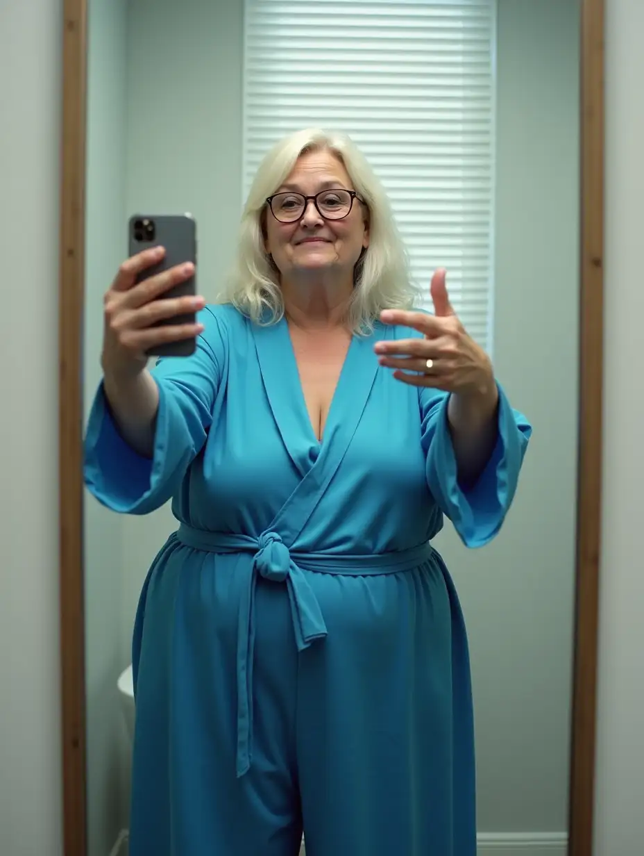 A full-body mirror selfie taken from a first-person perspective. A CURVY 60 year old woman stands facing in front of the mirror, ((VERY DISSOLVED AND LOOSE BLUE ROBE AROUND THE BUST, NO BRA, NO SHIRT, glasses)), . Her platinum blonde hair falls over her shoulders. She holds a phone outstretched, capturing her reflection. The hand with the phone hides her face. ((The fitting room for clothes in a store is bright with a light featuring white blinds in the background.)), The mirror frame and wall are visible, creating an intimate bathroom setting., ((day lighting)), HD, vivid colors, detailed portrait. No fogging, 8k, ultra hd photorealistic full height 8k, 