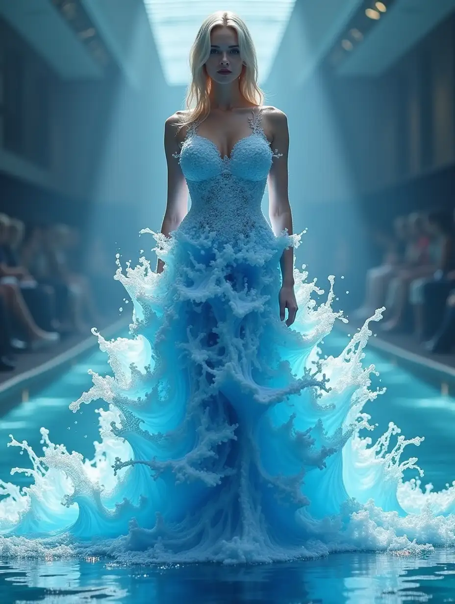 Woman in an elaborate water dress made entirely of water waves, styled by Dmitry Kostanovich, Precision Fashion Show, Photoshop, Felicia Semyon, UHD image, Ekaterina Panikanova, Shiny and Glossy, HDR, Dynamic Mode, 32kb, Sharp Focus, Illustration. by Sasan.