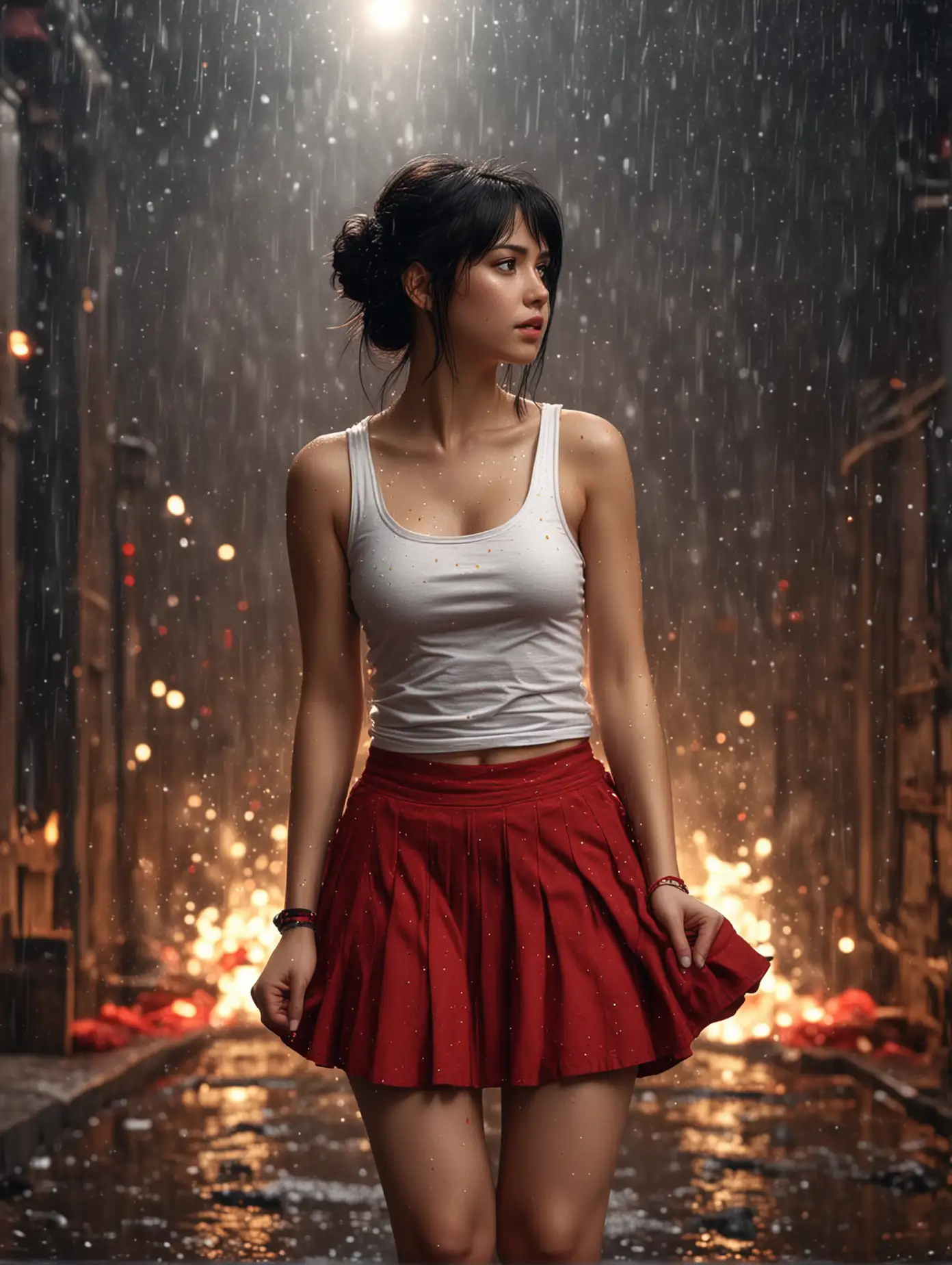 Person-in-White-Tank-Top-and-Dark-Red-Skirt-with-Golden-Sparkling-Rain-and-Fire-Background