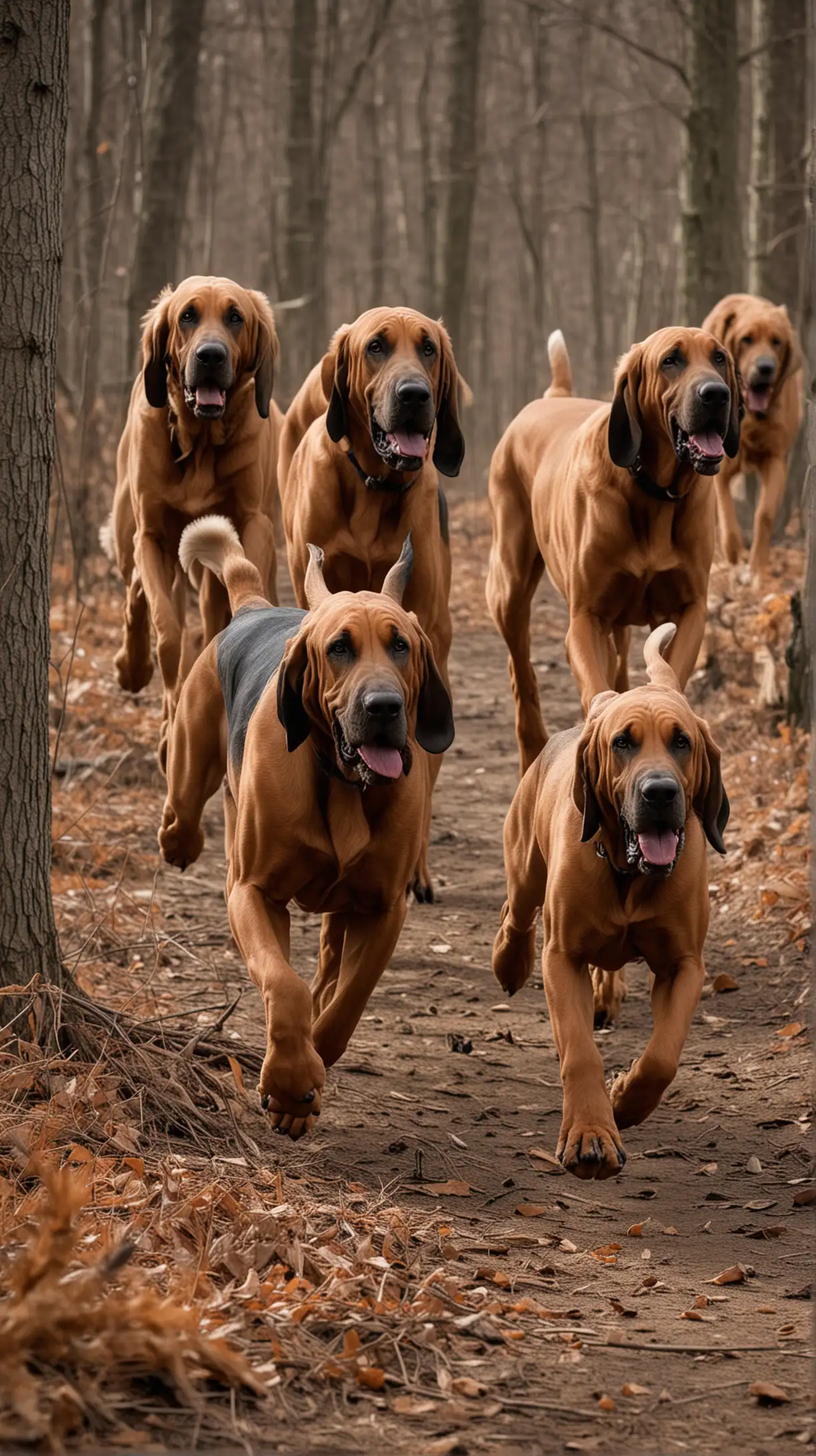 Bloodhounds Running Through Dense Forest