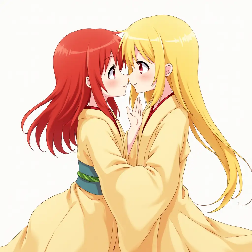 Two japanese girls in lightyellowish-white kimonos, one girl with mid-lengh, red hair and red eyes, second girl ditto but long blonde hair and red eyes instead; both kissing each other in nomnomnami/disgaea artstyle