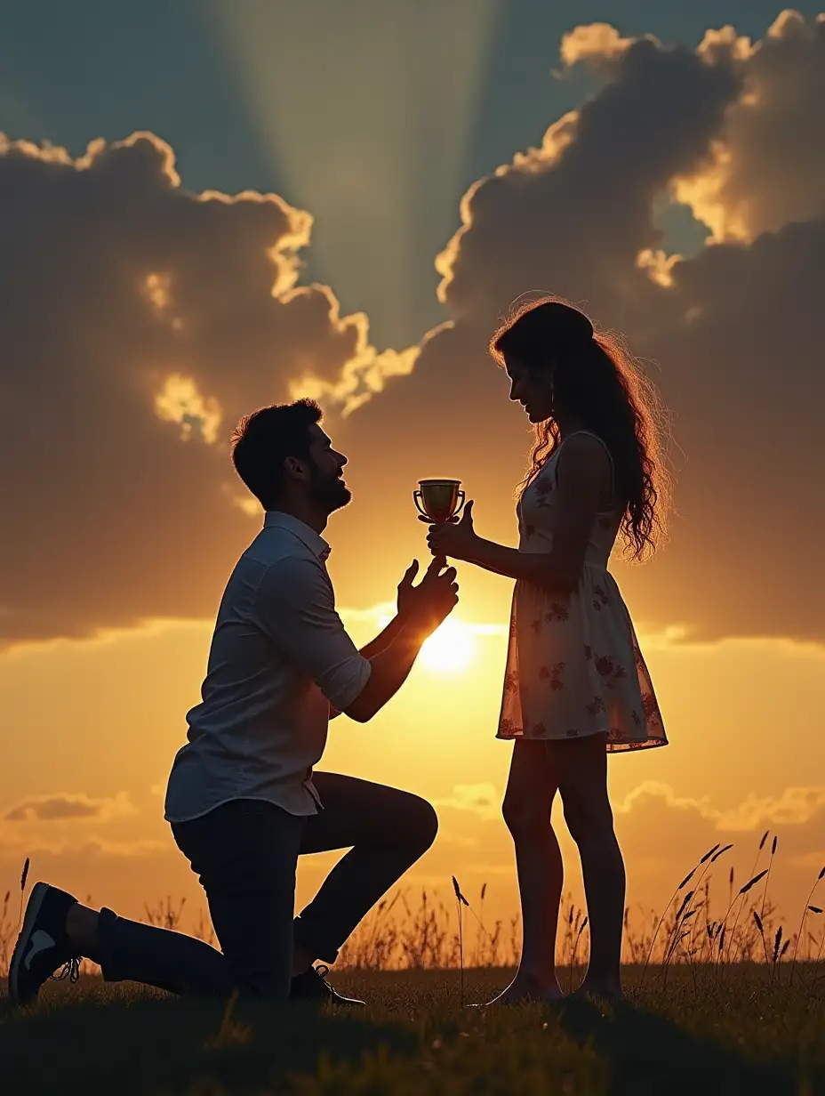 generate an image where a guy proposes to a girl, the guy is on his knee, but instead of a ring there is a winner's cup