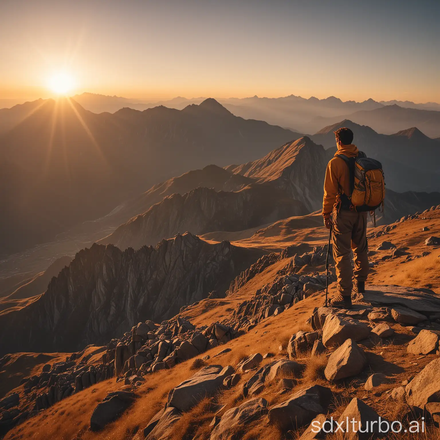 Man-Contemplating-Sunrise-on-a-Mountain-Ridge-During-Solo-Journey