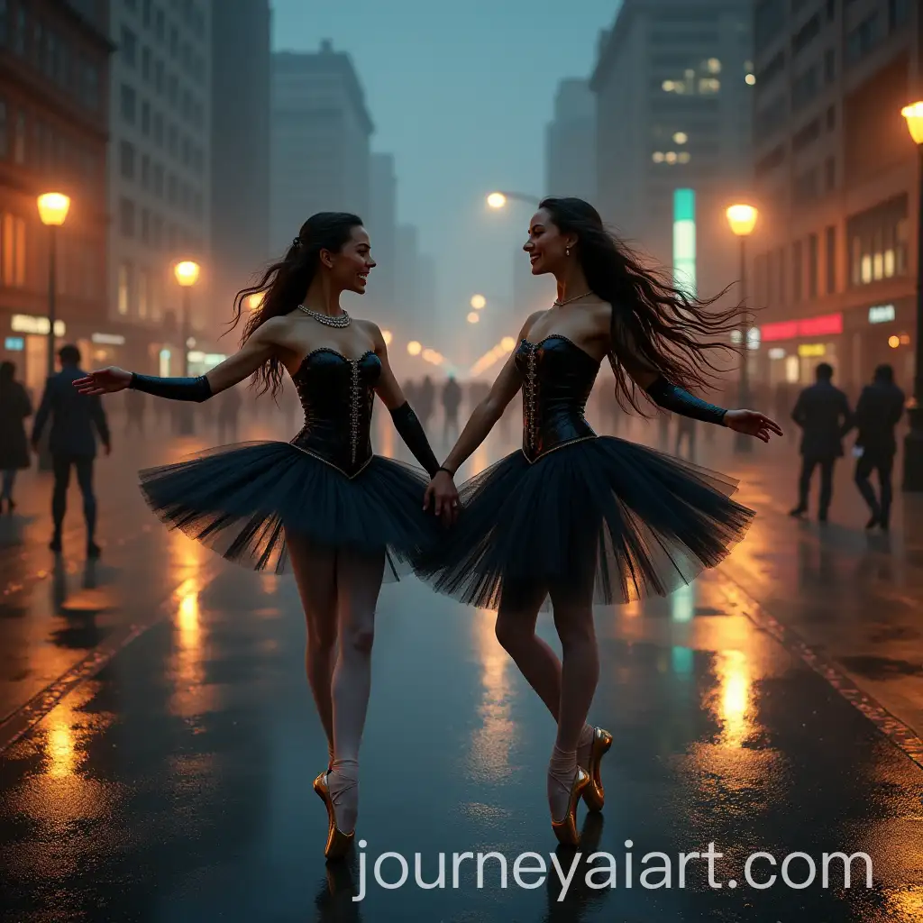 Rainy-Cityscape-Ballerinas-Dancing-in-Shiny-Black-Leotards