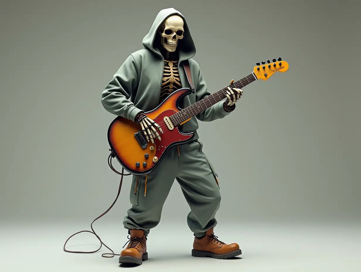 Create a high-resolution, realistic image of a robot with a skeleton body, brown leather shoes, and a fashionable tracksuit, holding a guitar and wearing a hood in 4K resolution.