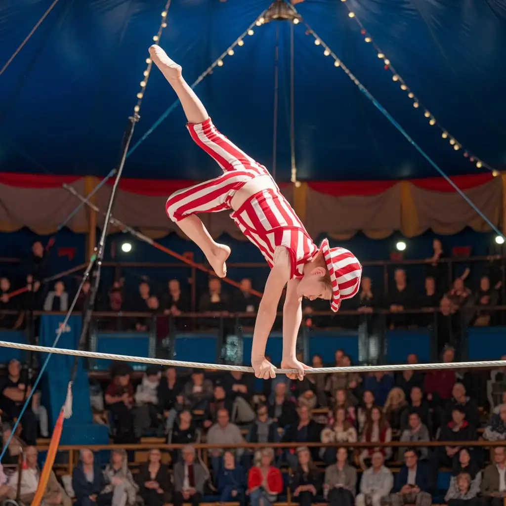 AI, imagine yourself as a cheerful young circus performer on stage dressed in luxurious circus costume